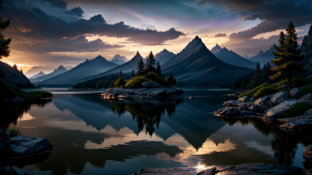 a peaceful dark landscape, calm lake with rocks and mountains, (best quality,4k,8k,highres,masterpiece:1.2),ultra-detailed,(realistic,photorealistic,photo-realistic:1.37),dramatic lighting, moody atmosphere, serene, tranquil, atmospheric, cinematic, mountains silhouetted against a starry night sky, still water reflecting the sky, jagged rocks along the shore, lush greenery surrounding the lake, (cinematic lighting:1.2),(dramatic shadows:1.1),muted color palette, deep blues and purples