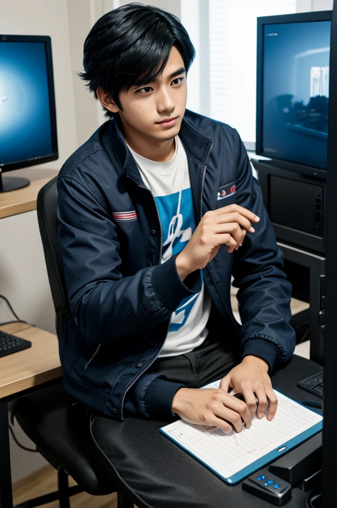 Anime boy good resolution gamer sitting at a computer, black hair and blue jacket
