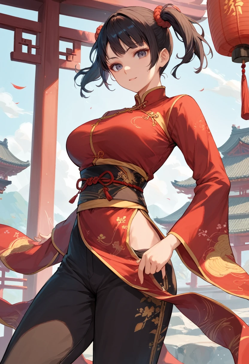 1girls,fighter(dq3),black hair,short twintails,large breasts, looking at viewer,chinese clothes,long sleeves, sash, pants, score_9,score_8_up,score_7_up,score_6_up,score_5_up,score_4_up,