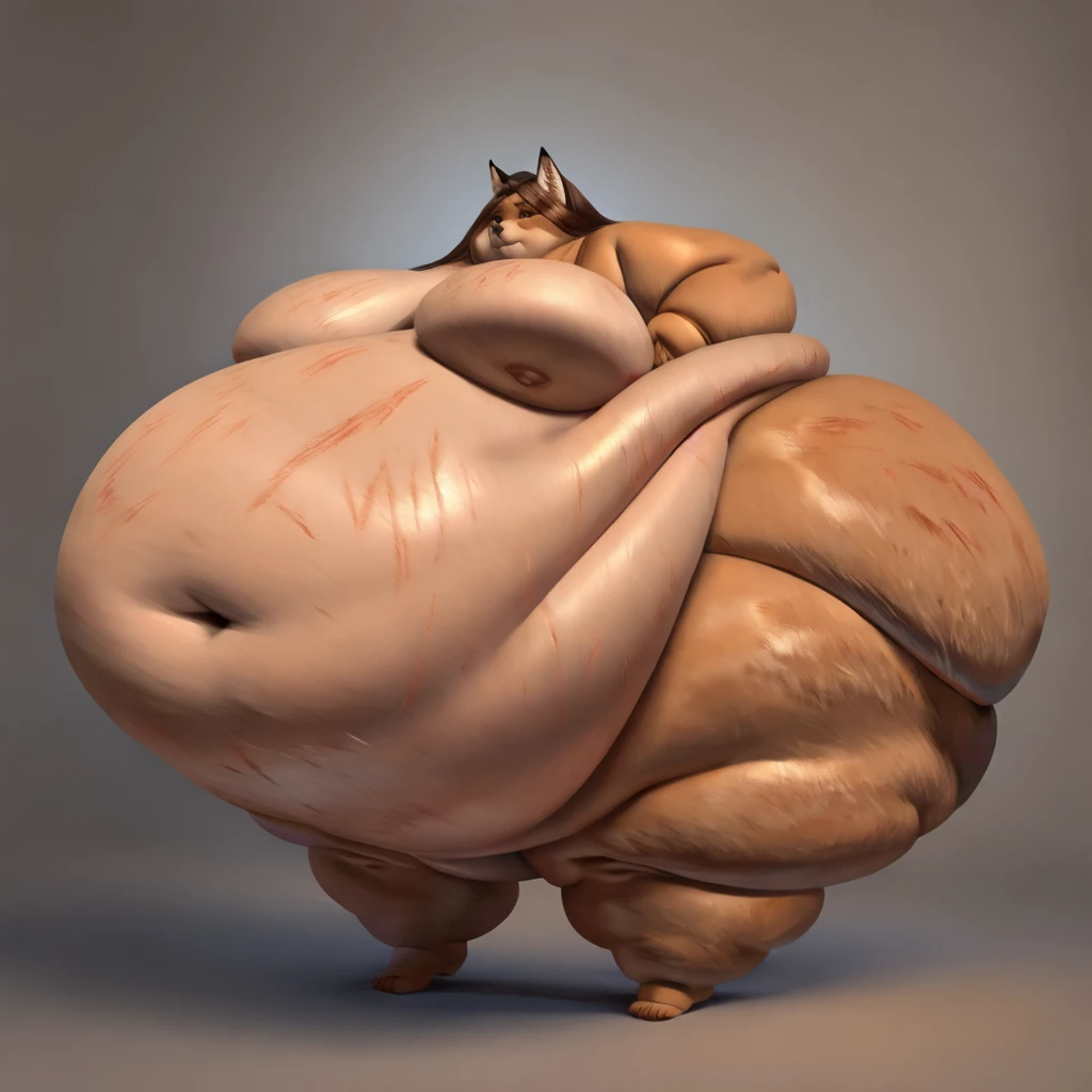 fox,female, long hair, huge breasts, huge hips, huge thighs, plump, voluptuous, morbidly obese, fat arms, fat legs, belly rolls, fat rolls, saggy breasts, huge belly, belly overhang,strech marks, double chin, chubby cheeks, gorgeous, beautiful, eyelashes,huge body, corpulent, wide silhouette, feminine , realistic, standing ,huge belly, huge belly , hair reaching the ground