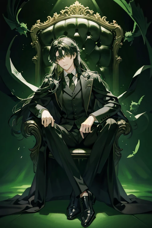 long haired and elegant adult harry potter in a stylish black suit with green accents sitting on a black leather throne, in a dark place