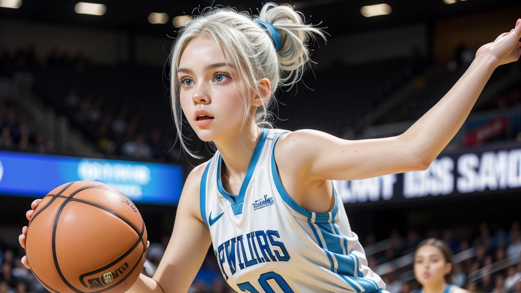 Female ager with white hair up, blue eyes and white skin doing a dunk in basketball