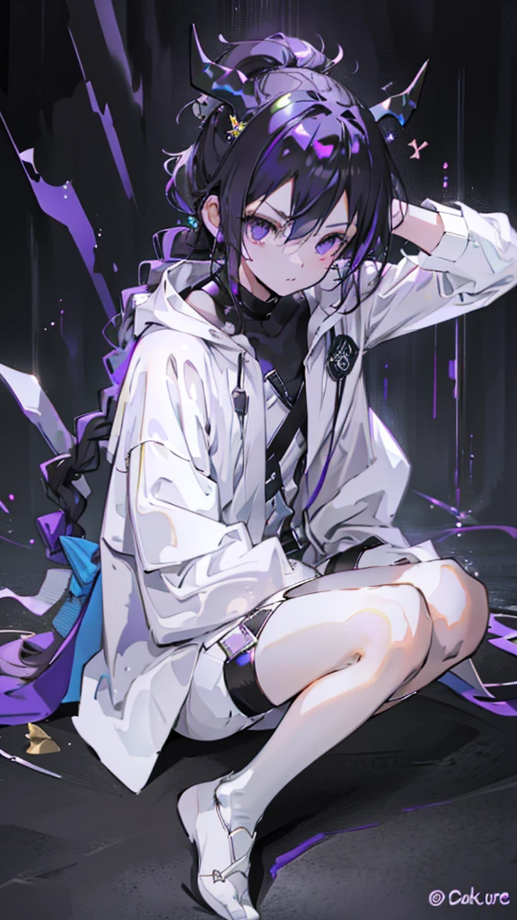 boy, thoughtful look, open forehead, black and purple hair braided into a ponytail on the left side in a bun. small curly black horns wrapped in white ribbon, pale violet eyes, short dark purple shorts. Long white t-shirt. dark purple knee socks. dark purple hooded robe, with a pattern of gold circles and a white robe on the inside. dark corridor with stairs, rays of light fall from above