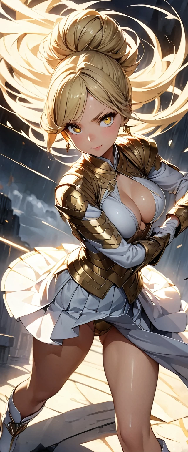 (Perfect Anatomy)、Mastepiece、Ultra High Quality、 8K、masterpiece、Highest quality、Ultra-high resolution、Maximum resolution、Very detailed、Professional Lighting、anime、woman、thin、so beautiful、Highly detailed eye、Highly detailed face、Golden earrings、Blonde, hair bun, Yellow Eyes、Mid-chest,Valkyrie armor, white open mini skirt , full body, gold pattern, white super long boots, white long gloves, female martial artist, high heels, white clawed gauntlets, white cute headgear, fighting stance, gold knee armor, Conjuring storms with storm magic, Spinning kick, confident pose, wings grow from legs