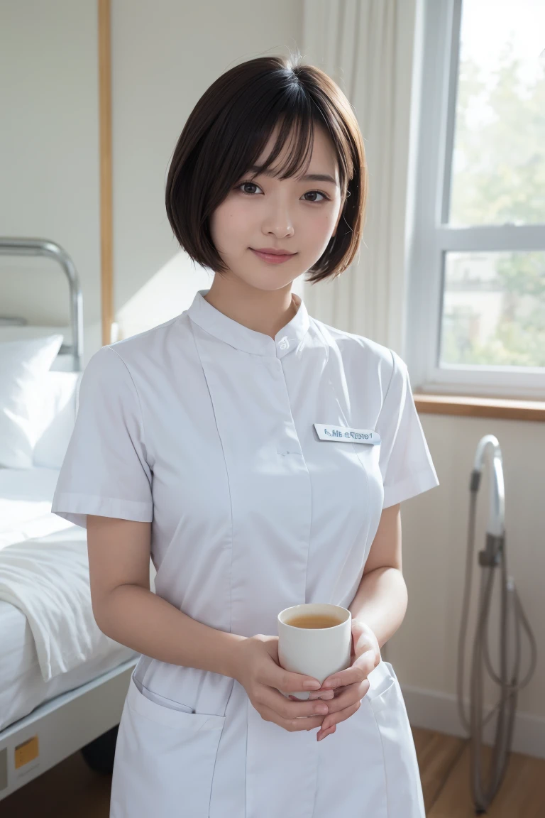 1 Girl,(Wearing white nurse clothes:1.2),(RAW Photos, Highest quality), (Realistic, photo-Realistic:1.4), masterpiece, Very delicate and beautiful, Very detailed, 2k wallpaper, wonderful, finely, Very detailed CG unity 8k wallpaper, Very detailedな, High resolution, Soft Light, Beautiful detailed girl, Very detailed eyes and face, Beautiful and detailed nose, finely beautiful eyes, nurse, Perfect Anatomy, Black Hair, Upstyle, nurse uniform, Long skirt, nurse, White costume, thin, hospital, clear, White Uniform, hospital room, Neck auscultation,Bobcut、Flip up the skirt、20th Generation、smile、Hands are shaped like they are holding a cup、I don't have a cup