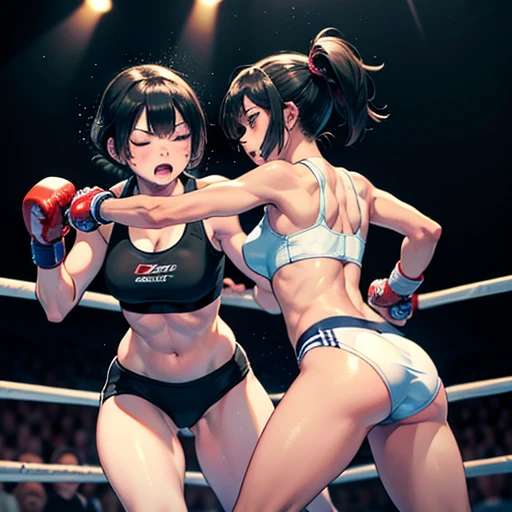 Very intense battle。Boxing in the ring。Dynamic punch exchange。Two young and cute Japanese female heavyweight idol boxers in a daze。Rivals。Sweating a lot。One eye closed, out of breath。Drooling。Short black hair。Boxing gloves。Sports Bra。High leg panties。