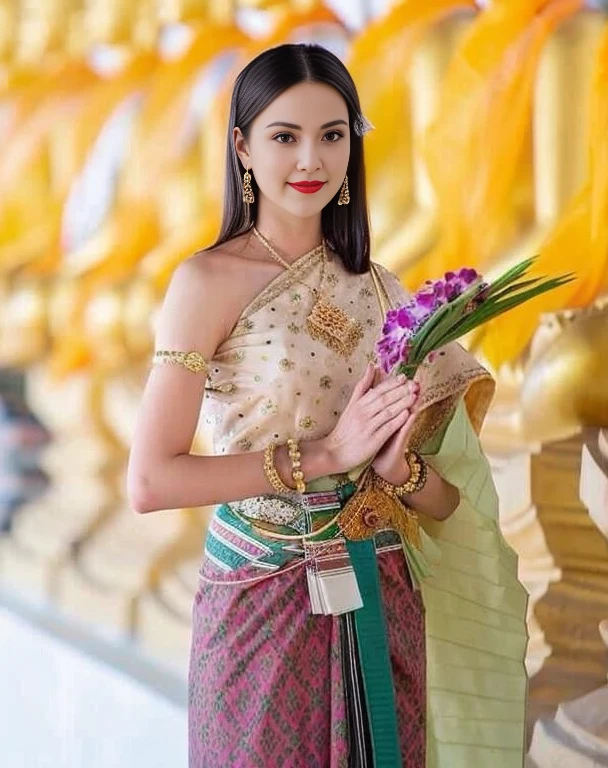 Close-up of a woman in a gold dress and a crown on her head., traditional beauty, Sukhothai dress, Dilraba Dilmurat, beautiful goddess, Beautiful Fantasy Empress, beautiful oriental woman, Thai girl anime, Southeast Asia that has existed for a long time, Thai art, Wear elegant clothes, Tailoring a suit according to tradition, portrait of a beautiful goddess ผู้หญิงอาราฟในชุดสีทองยืนอยู่หน้าอาคาร, Sukhothai dress, Dilraba Dilmurat, traditional beauty, Wear elegant clothes, traditional this tradition, Wear luxurious clothes, this tradition, Traditional clothing, Thai girl anime, traditional outfit, According to Thawan Duchanee's style, Wear a luxurious silk dress, Thai art, Traditional clothing สาวเอเชียที่สวยงาม,stereoscopic 8k,45 high quality colored lights,000,000,000 pixels, photo, post-trade photo, animation, beautiful portrait,