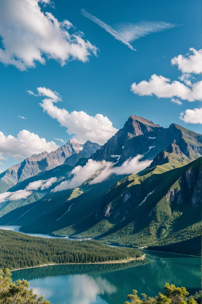 Enormous Beautiful mountains, scenic sky, attention catching clouds, a water body