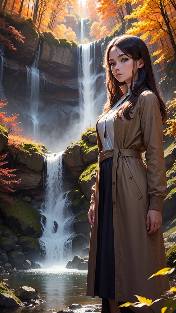 realistic young woman in the autumn forest There is a waterfall that flows down the mountain. illuminated by the dawn