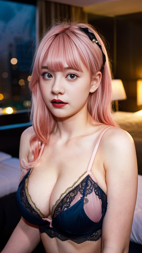 1 Girl, Beautiful, Baby Face, 20 Years Old, White Skin, Saggy Colossal Breasts, Sexy Pose, Wearing Lingerie Dress, (Golden Lingerie Outfit), Blue Eye, Muscles, Bokeh, ((night:1.3)), ((dark:1.3)), Hotel Room Background, Masterpiece, Dizzy, Foggy, ((Pink Hair)), Twintails, Pink Coloured