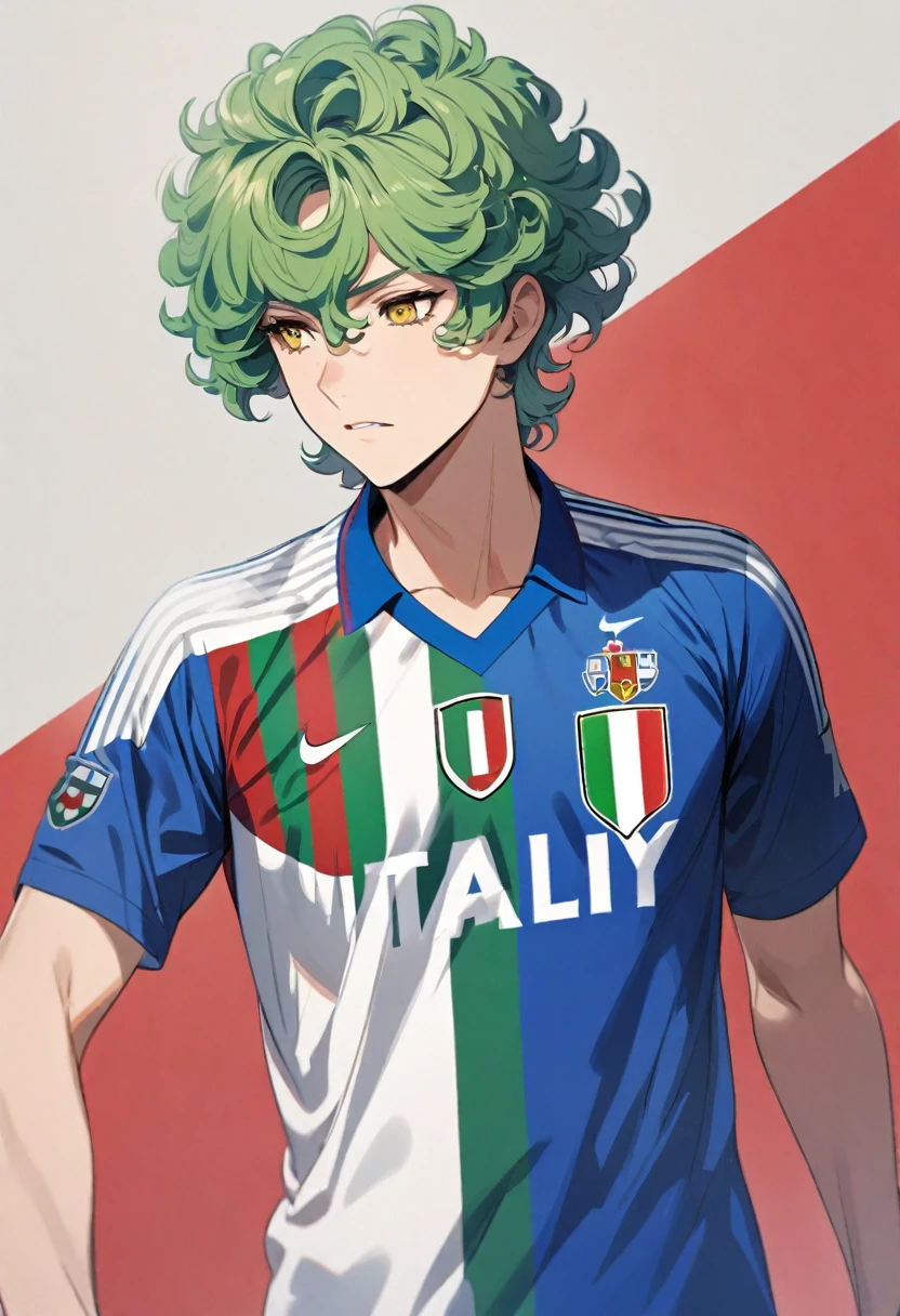 male, short hair, curly hair, green hair, yellow eyes, soccer shirt, blue shirt, italy soccer shirt