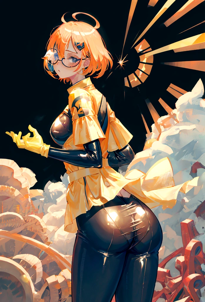 queen, latex clothes, latex gloves, farting, fart, fart cloud, fartfx, sound effects, laboratory, 1girl, embarrassed, nerdy, cute, opaque glasses, looking back, big ass, big butt