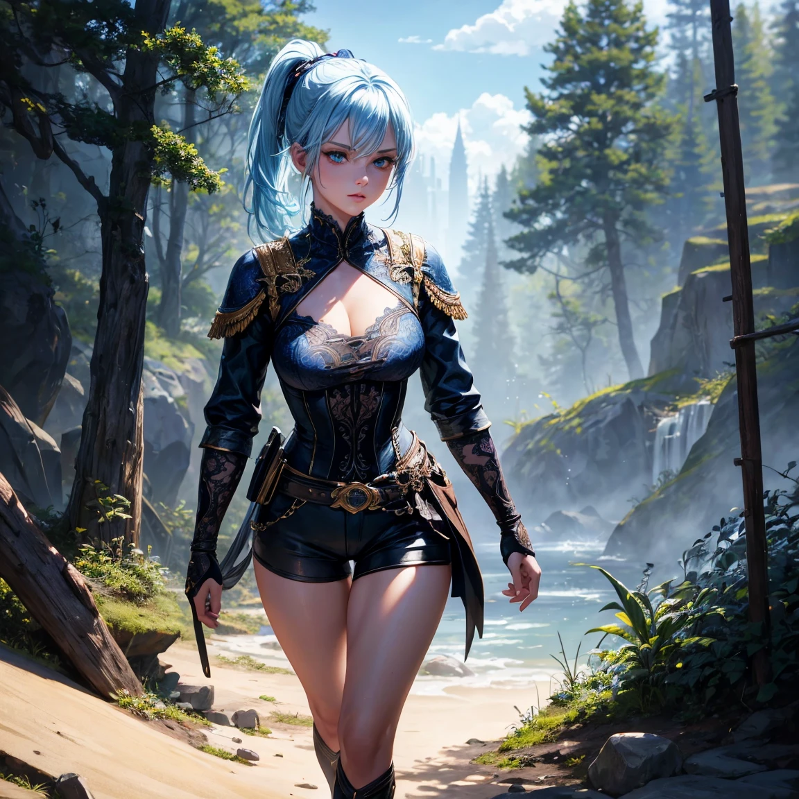 a young girl!!!, 1girl, light blue short ponytail hair, light blue hair!!!, very small breasts!!, blue eyes, little black tight top, little black tight shorts, full body, full body, walking, dark forest, incredibly sexy body, detailed face, beautiful detailed eyes, beautiful detailed lips, extremely detailed eyes and face, long eyelashes, intricate details, detailed clothing, intricate details,highly detailed, photo realistic, 8k, best quality, masterpiece, cinematic lighting, dramatic lighting, vibrant colors, fantasy, digital art, concept art