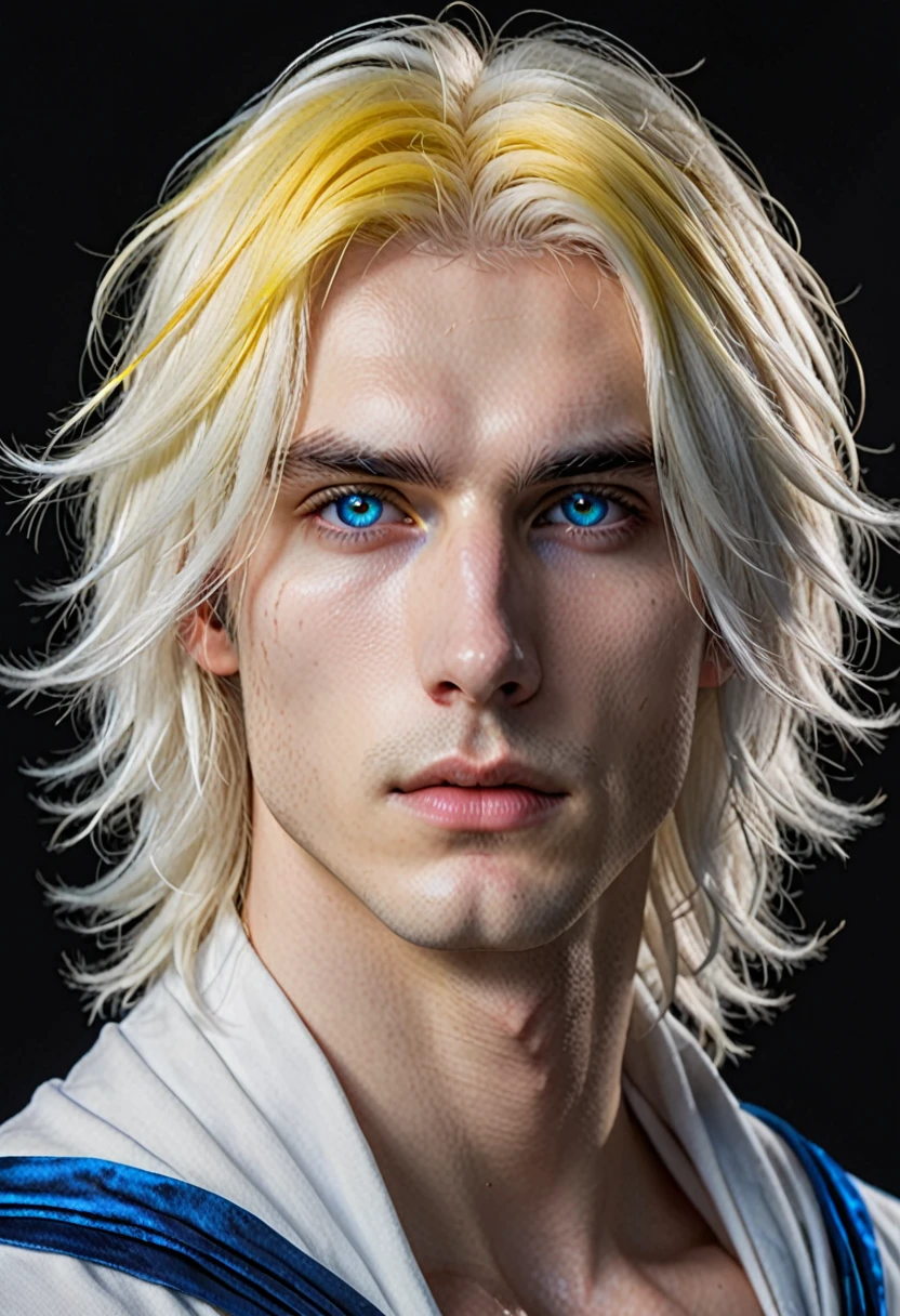 Seraphim,((male)), fluffy shoulder-length hair, white platinum blonde, ((heterochromia)), ((One eye — yellow)),((other eye — blue)), ((long square face)), thin lips, ((two strands of different shades of blue and yellow)), ((tired eyes with small bruises)),((scar along the face from lip to middle of cheek)), ((ultra quality)), ((8k)), detailed, ((realistic style))