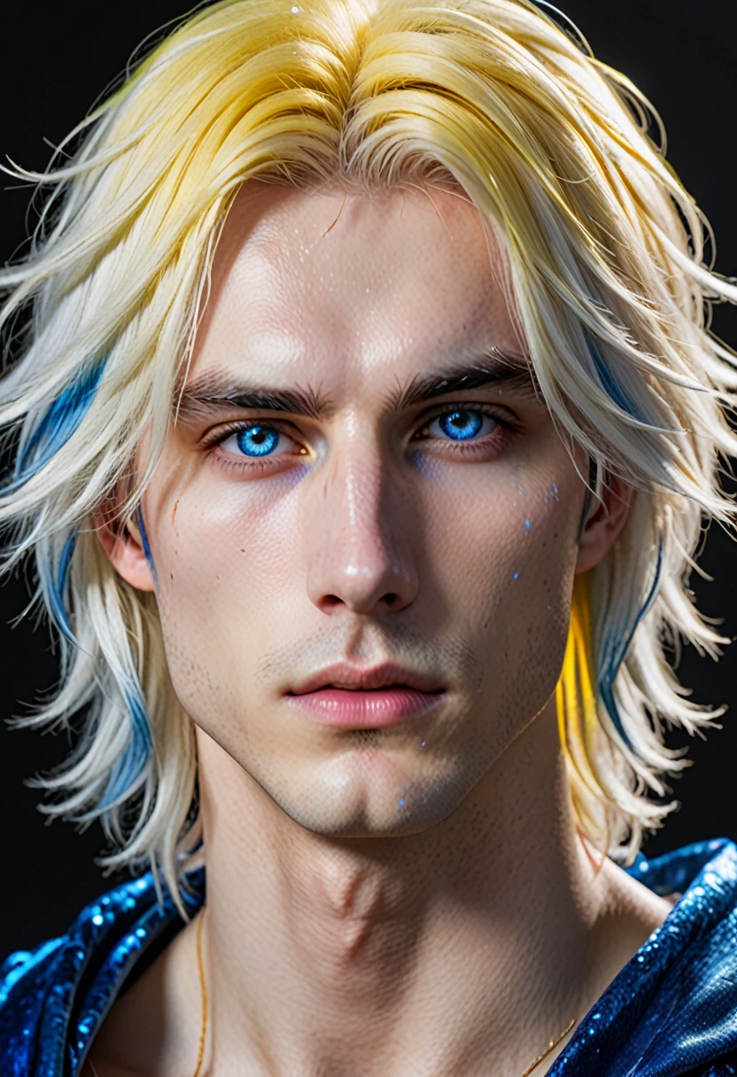 Seraphim,((male)), fluffy shoulder-length hair, white platinum blonde, ((heterochromia)), ((One eye — yellow)),((other eye — blue)), ((long square face)), thin lips, ((two strands of different shades of blue and yellow)), ((tired eyes with small bruises)),((scar along the face from lip to middle of cheek)), ((ultra quality)), ((8k)), detailed, ((realistic style))