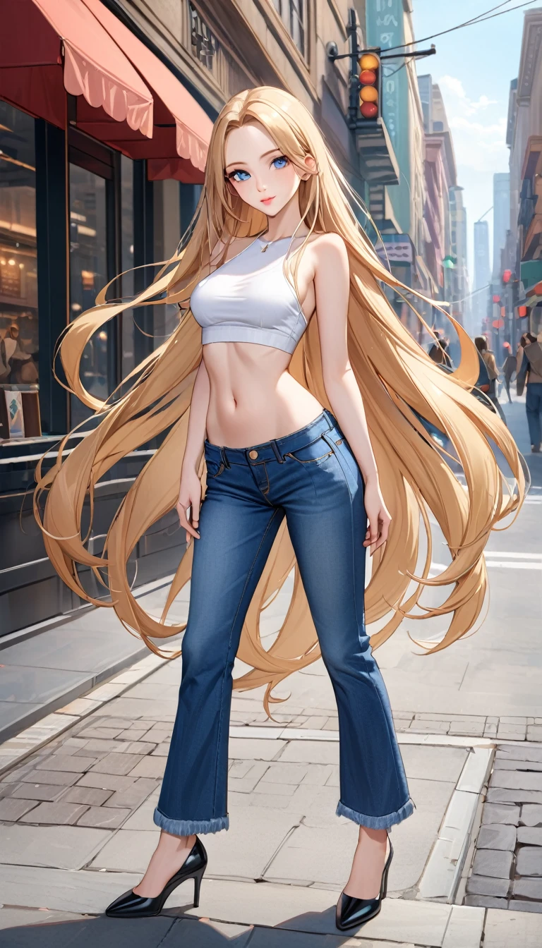 ((best quality, masterpiece:1.3, 8K)), (detailed), highly detailed face and skin texture, detailed eyes, downtown, full body, slender body, 1girl, 25 years old, white skin, blue eyes, bright lips, worried, embarrassed, blond hair, straight hair, very long hair, (forehead:0.8), (white croptop:1.2), no sleeves, navel, jeans pants blue jeans, black heels, peeing jeans, peeing pants, pee stain:1.2, (wetting herself:1.3), desperation,