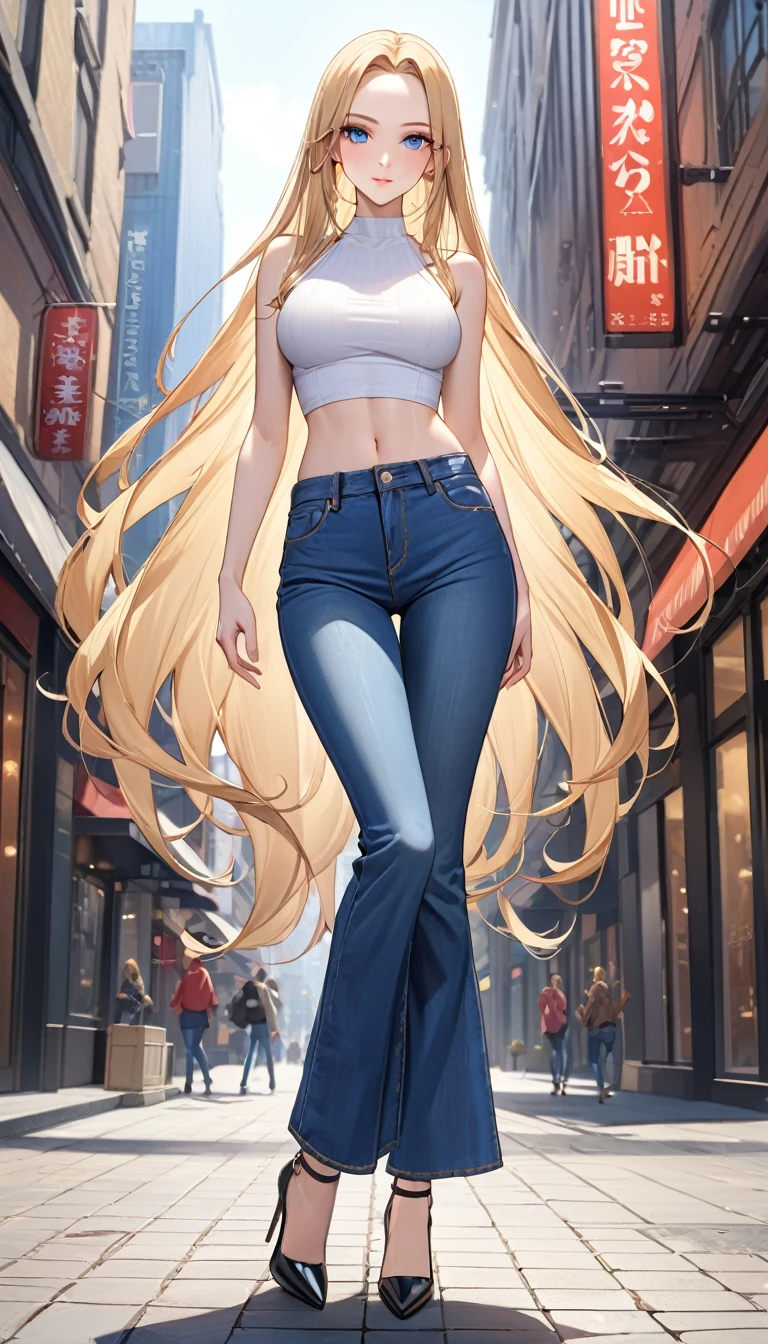 ((best quality, masterpiece:1.3, 8K)), (detailed), highly detailed face and skin texture, detailed eyes, downtown, full body, seductive pose, slender body, 1girl, 25 years old, white skin, blue eyes, bright lips, seductive smile, blonde hair, straight hair, very long hair, (forehead:1.0), white croptop, no sleeves, navel, jeans pants, flares jeans, blue jeans, black heels, 