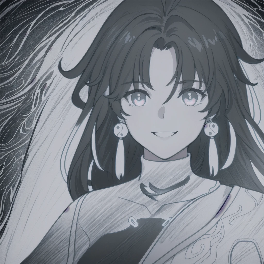 anime girl, smiling, black and white hair, jianxin, wuthering waves, jianxin wuthering waves, grey eyes, white clothes, 1girl, masterpiece, (beautiful and aesthetic:1. 5), thick black lineart, clean lineart, perfect lineart, variable lineart, thick lineart, clean anime outlines, intense line art, bold lineart, sharp lineart, heavy lineart, line art, best quality, high quality, high details, super detail, best quality, ultra-detailed, colourful, saturated colours, dynamic lighting, HD,