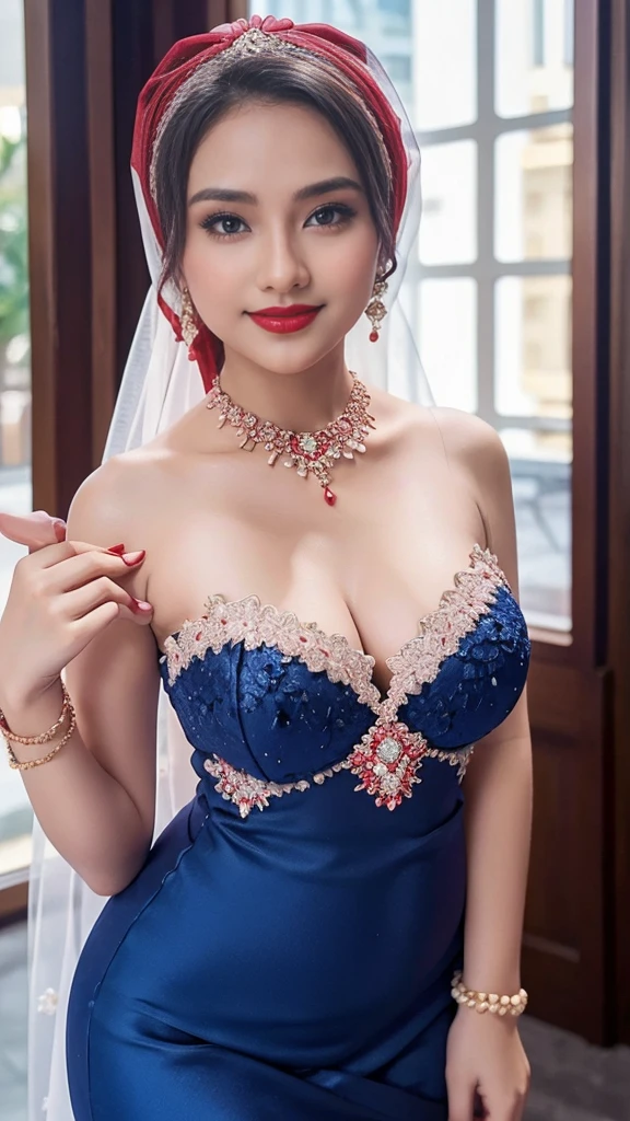Beautiful, cute baby Face, russian lolita Girl, lipstick, sensual Lipstick, dark red lipstick,blue eyes, (wearing hijab) and sexy kebaya dress, Rounded small Breast, cleavage cutout, slightly Chubby , luxury necklace, White Skin, Smiling, Dark City Background, mid shot, upper body, Perfect Potrait, Bokeh Effect, Look at Viewer, Armpit, Perfect Eye, Perfect Hand, Perfect Finger, Bracelet, Ring, small breast, ((adorable:1.2)), ((masterpiece:1.1)), ((bokeh:1.2)),