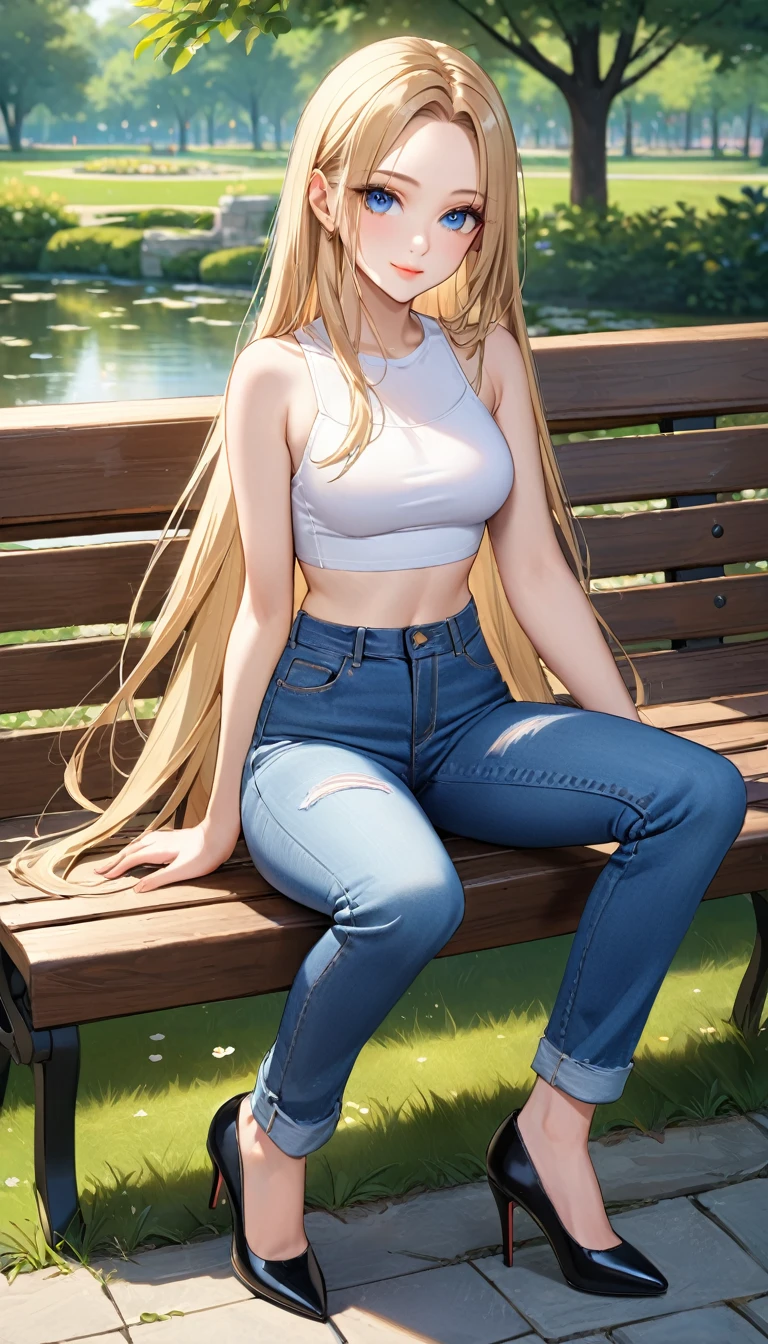 ((best quality, masterpiece:1.3, 8K)), (detailed), highly detailed face and skin texture, detailed eyes, park, pond, bench, full body, seductive pose, sitting, slender body, 1girl, 25 years old, white skin, blue eyes, bright lips, seductive smile, blonde hair, straight hair, very long hair, (forehead:1.0), white croptop, no sleeves, navel, jeans pants, flares jeans, blue jeans, black heels, 
