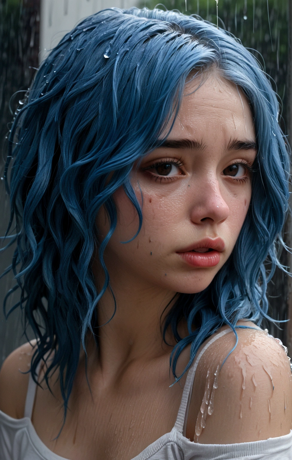 1girl, face, wavy-loose hair, sad expression, blue hair, rouge skin, close up shot, thirty degrees left view, matches stick in the lips, bare shoulder, tattered t-shirt, ((rip clothes 1.8)) tight t-shirt, dark   t-shirt((torn t-shirt 1.6)), rain fall, wet, (super accurate 1.2)
