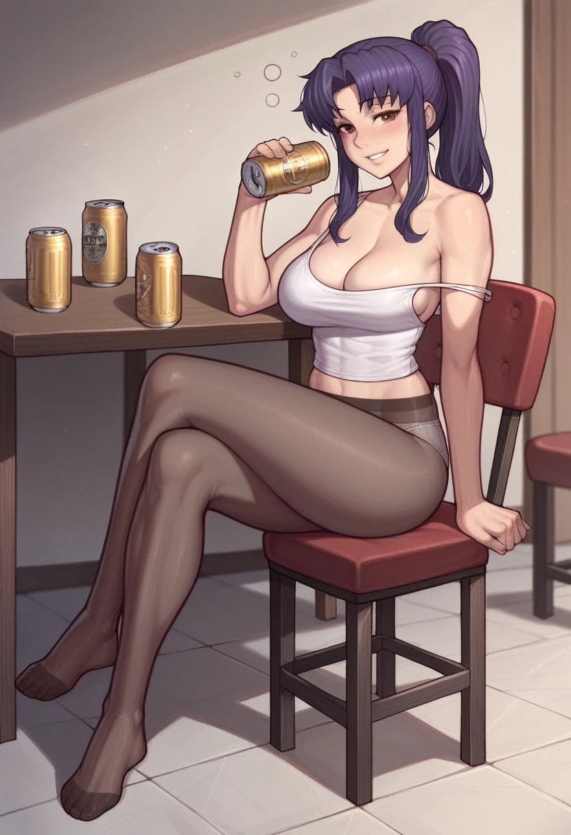 _asura style, 1girl, katsuragi_misato, breasts, solo, can, beer_can, sitting, purple_hair, crossed_legs, large_breasts, looking_at_viewer, ponytail, stool, beer, long_hair, holding_can, alcohol, holding, strap_slip, pantyhose, drunk, underwear, panties, camisole, full_body, smile, legs, crop_top, table, brown_eyes, thighs, cleavage, from_side, bare_shoulders, no_pants, blush