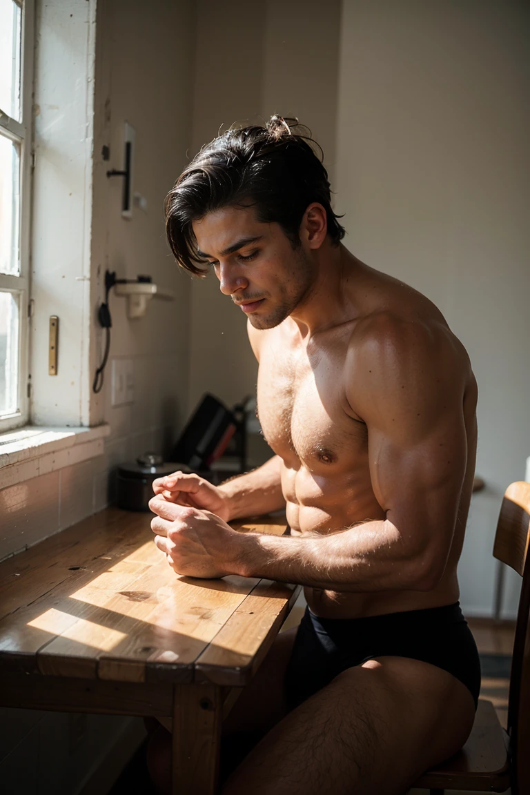 Real image of a latin model man with short black hair athletic body, short beard, kneading on a table. window light.