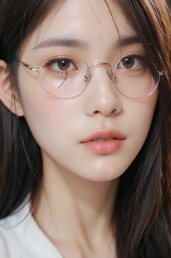 Beauty,wear glasses,close up,Exquisite and accurate facial features,The eyes are sharply focused,Long hair,Real skin texture,8K,Best quality,High Definition,Super Fine,Hyperrealism,Photo effects,Rich in details,Meticulous portrayal