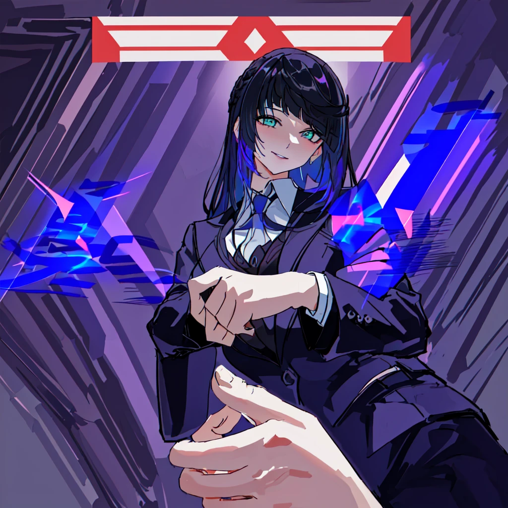 there is a woman in a suit and tie making a face, blacklight reacting, twitch streamer, very very low quality picture, his palms are sweaty, looking into camera, plump lips, fix hands, fix fingers, pretty face, pretty woman (25 yo), meaning smile, yelan, genshin impact, casual outfit, comfy outfit