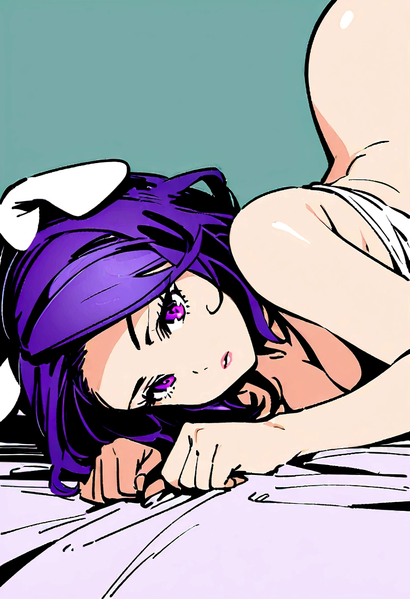 good quality,1 girl,no clothing,cabelo roxo,shorth hair,bunny ears,nsfw,4 in bed