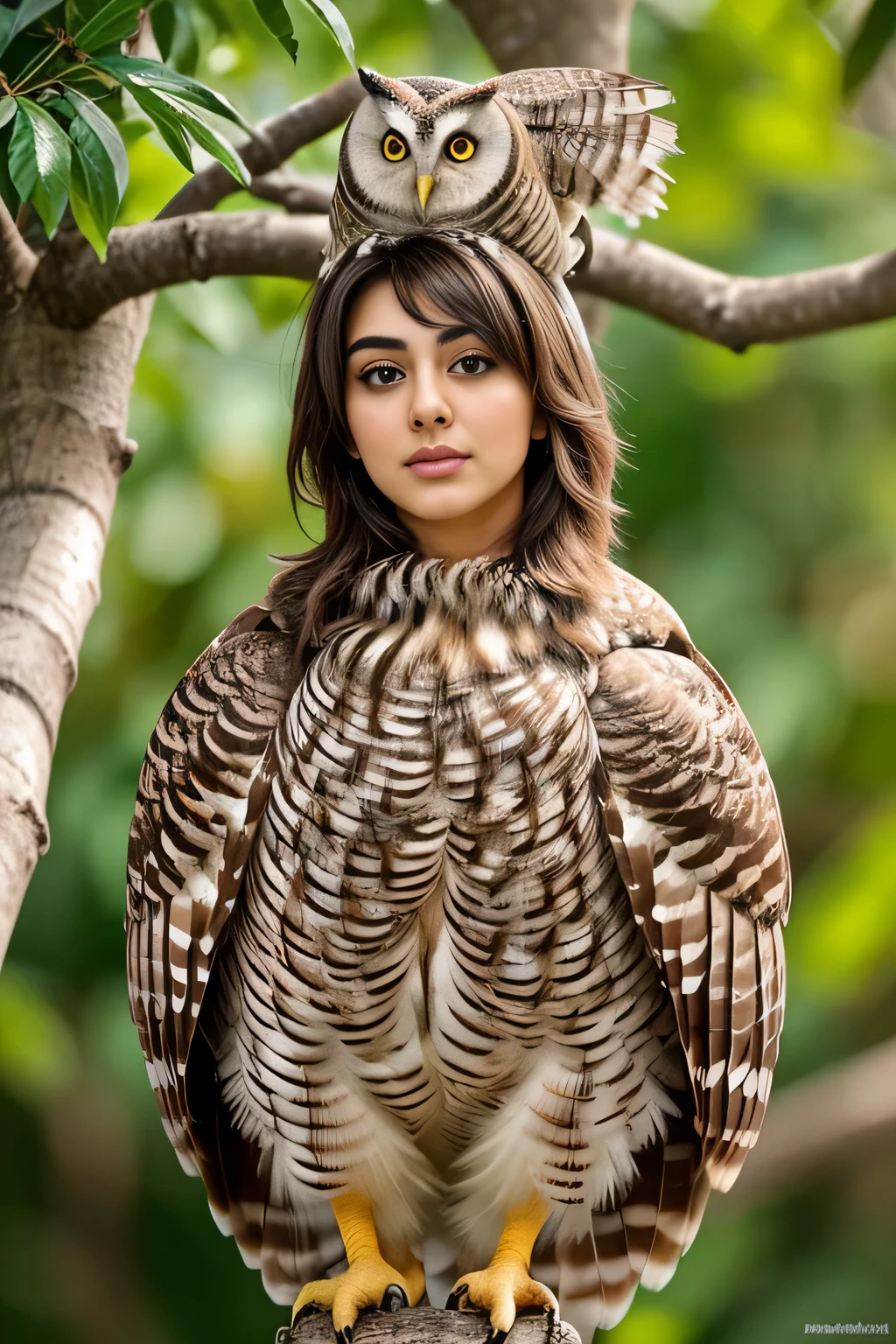 Hansika Motwani is a owl bird, She is a bird but her head looks like girl, from neck to full body looks like owl bird. Owl legs, Owl wings. Bird body, Owl body, perfect picture, perfect bird, real bird, Real head replace with real Owl head. Exact Bird. Colorful Owl.