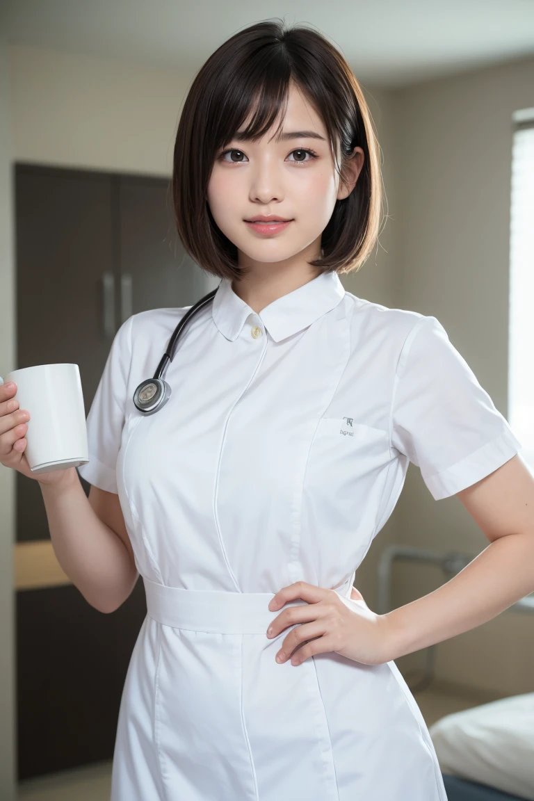 1 Girl,(Wearing white nurse clothes:1.2),(RAW Photos, Highest quality), (Realistic, photo-Realistic:1.4), masterpiece, Very delicate and beautiful, Very detailed, 2k wallpaper, wonderful, finely, Very detailed CG unity 8k wallpaper, Very detailedな, High resolution, Soft Light, Beautiful detailed girl, Very detailed eyes and face, Beautiful and detailed nose, finely beautiful eyes, nurse, Perfect Anatomy, Black Hair, Upstyle, nurse uniform,  Long skirt, nurse, White costume, thin, hospital, clear, White Uniform, hospital room, Neck auscultation,Bobcut、Flip up the skirt、20th Generation、smile、Hands are shaped like they are holding a cup、I don&#39;t have a cup、Move your hand up and down without holding the cup