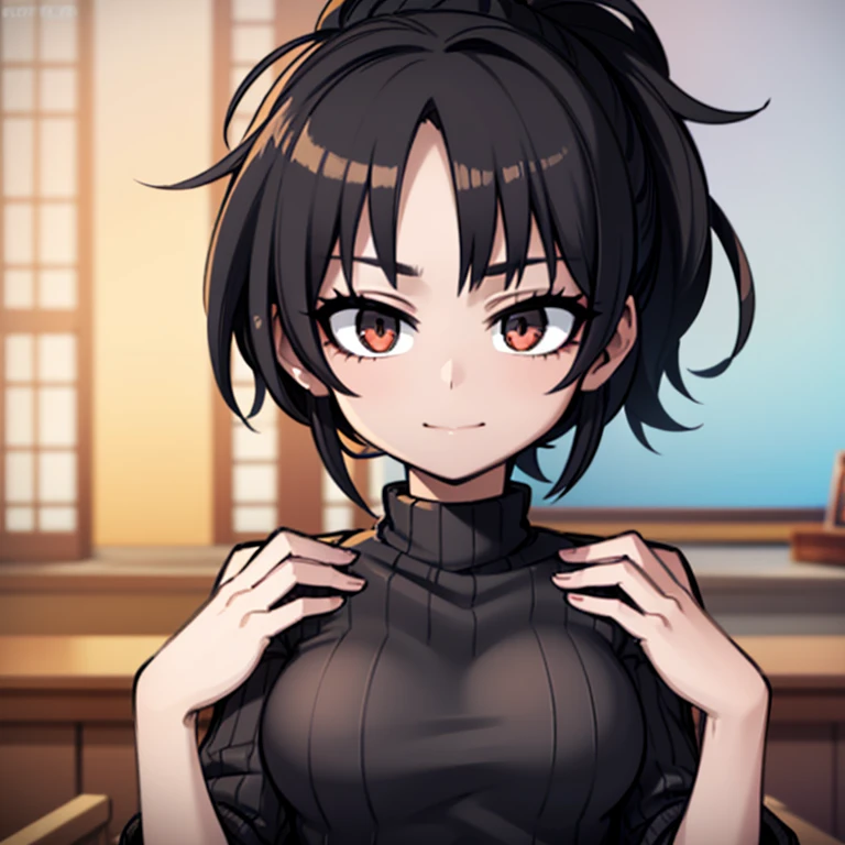 Highest quality, 超High resolution, (Realistic:1.4),Sunset Light, ponytail, Young Girl, Detailed Photos, smile, sexy, Black Shirt, To the camera, close (masterpiece: 1.3), (8K, Realistic, Highest quality: 1.4), (One girl), Beautiful Face, (Realistic Face), (Black Hair, short hair: 1.3), Beautiful hairstyle, Realistic eyes, Beautiful details in the eyes, (Realistic Skin), Beautiful Skin, (sweater), Absurd, Charm, 超High resolution, Ultra-realistic, High resolution, Golden Ratio