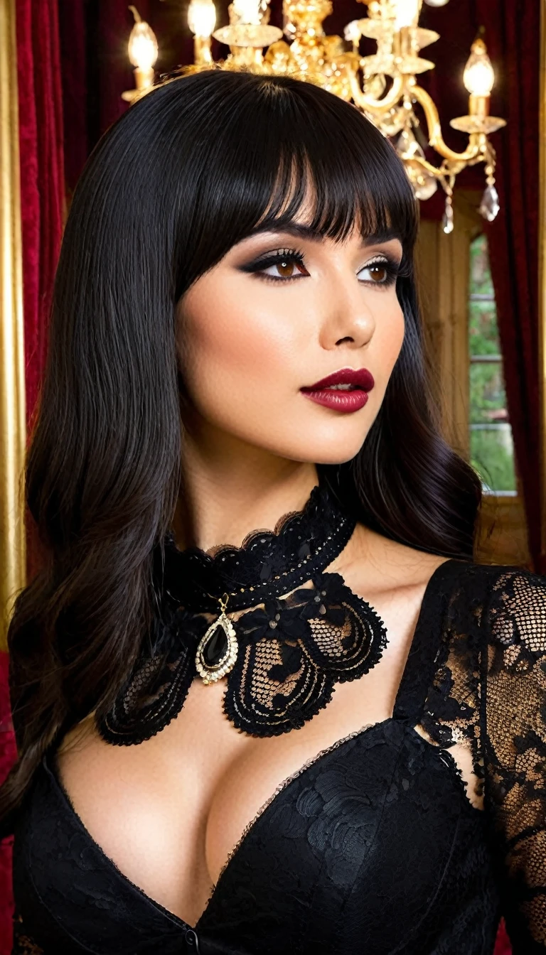 A strikingly beautiful young woman with long, jet-black hair and blunt bangs sits confidently. Her large, expressive brown eyes are framed by bold, arched eyebrows and she wears subtle, yet precise, makeup with dark eyeliner and nude lipstick. She is dressed in a stylish black lace top that emphasizes her elegant neck and décolletage, adorned with an intricate black lace choker necklace featuring a small, vintage-style pendant. The background suggests an upscale interior setting with soft, warm lighting and a large chandelier, creating a sophisticated and intimate atmosphere. The overall mood is one of gothic elegance and modern style.