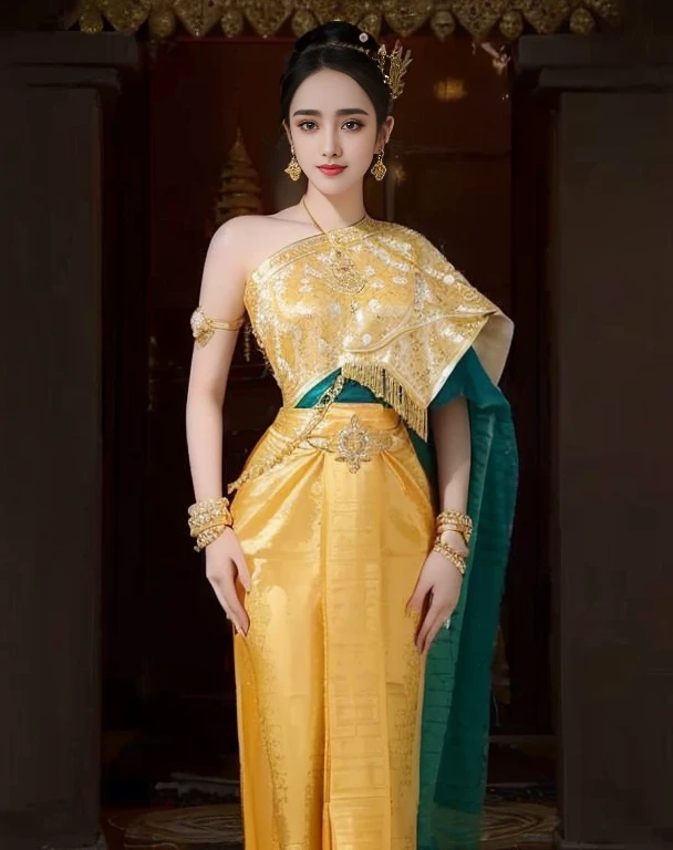 Aarav woman in a gold dress, with a gold crown and a gold necklace., Dilraba Dilmurat, Beautiful Fantasy Empress, traditional beauty, beautiful female princess, Southeast Asia that has existed for a long time, ((Beautiful Fantasy Empress)), Princess of an ancient Asian dynasty, Chinese princess, Thai girl anime, Southeast Asians with round faces, Nivan Chandra Woman Aarav in a golden dress stands in front of a building., Sukhothai dress, Dilraba Dilmurat, traditional beauty, Wear elegant clothes, traditional this tradition, Wear luxurious clothes, this tradition, Traditional clothing, Thai girl anime, traditional outfit, According to Thawan Duchanee&#39;s style, Wear a luxurious silk dress, Thai art, Traditional clothing สาวเอเชียที่สวยงาม,stereoscopic 8k,45 high quality colored lights,000,000,000 pixels, photo, post-trade photo, animation, beautiful portrait