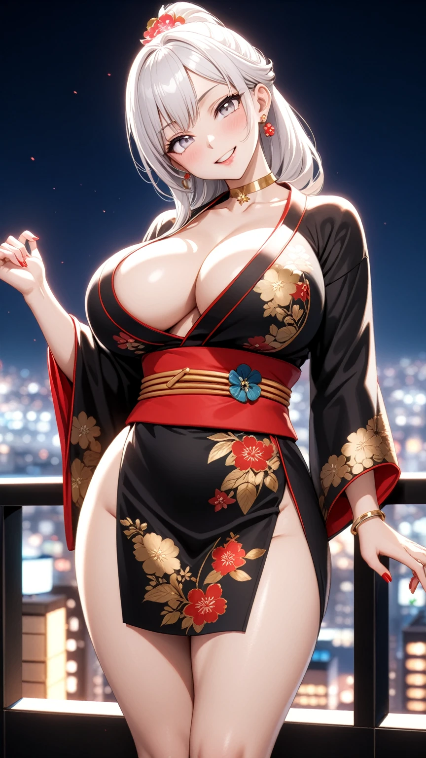 ((One personの女性)), Beautiful Face, (Laughing embarrassedly), (seductive smile:1.2),((Doing sexy poses:1.3)), ((Wink:1.9)), (head tilt:1.3), Laugh with your mouth wide open, upper teeth, looking at viewer, ((Bright red cheeks:1.4)),Glossy Red Lips,Night view,High-altitude observation deck, firework, Glossy red lips, (Shining Face), ((Anime style background)),masterpiece, Highest quality, so beautiful,up to date, Complex details, (Pink long nails),(ring),(bracelet),(Floral choker),(black high heel sandals)), AI-generated, Complex,High resolution, Highest quality, super high quality,3D Images、3D Images,One person,Long white hair,High Ponytail, Anime woman posing for a photo,(blue eyes), ((Fine grain、Light-colored silvery white eyes、Shining Eyes:1.3)), (Squint your eyes:1.1),a hyperRealistic , hyperRealistic , Realistic,Anime woman with long white hair, Smooth anime CG art, A woman in a colorful kimono with gold embroidery, (Black long sleeve kimono),Red floral pattern,Long flower hair ornament,Earrings,Mature Body,(Big Breasts:1.1),Tall,Abdominal muscles,Tight waist,(knee shot:1.3), (front view),
