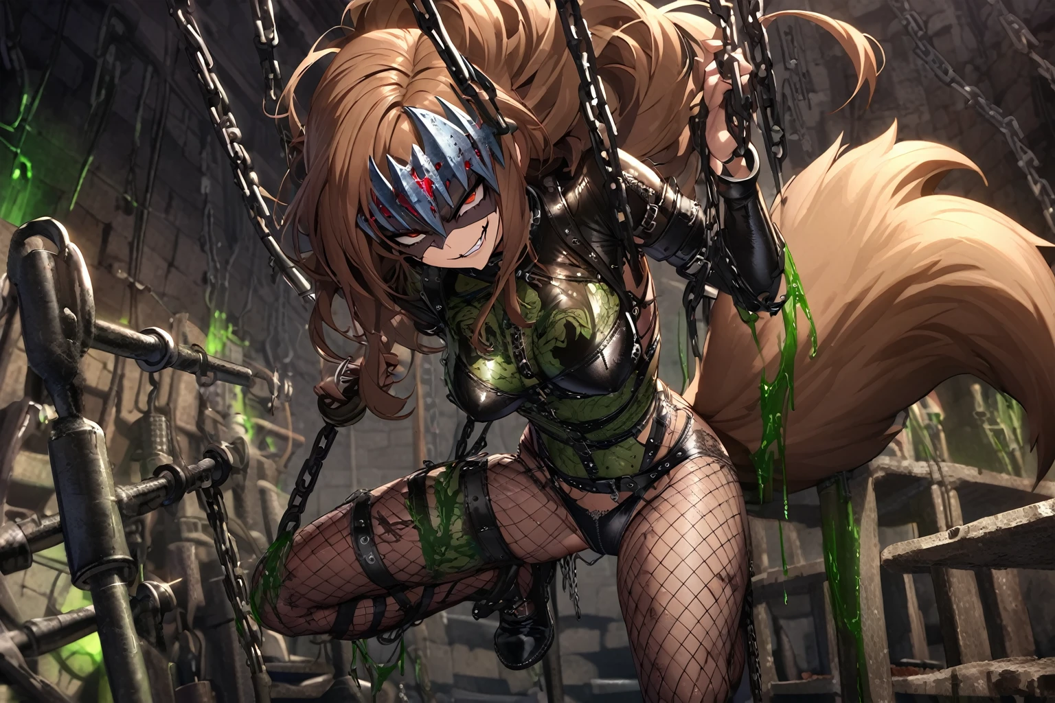 hand drawing, high detail, evil smirk, evil eyes, evil kitsune with tail, seductress in a sex dungeon, ((brown tail)), torture devices, whips, chains, rack, iron maiden, black leather bodysuit, panties, fishnet stockings, garters, brown hair, brown eyes, green torture magic