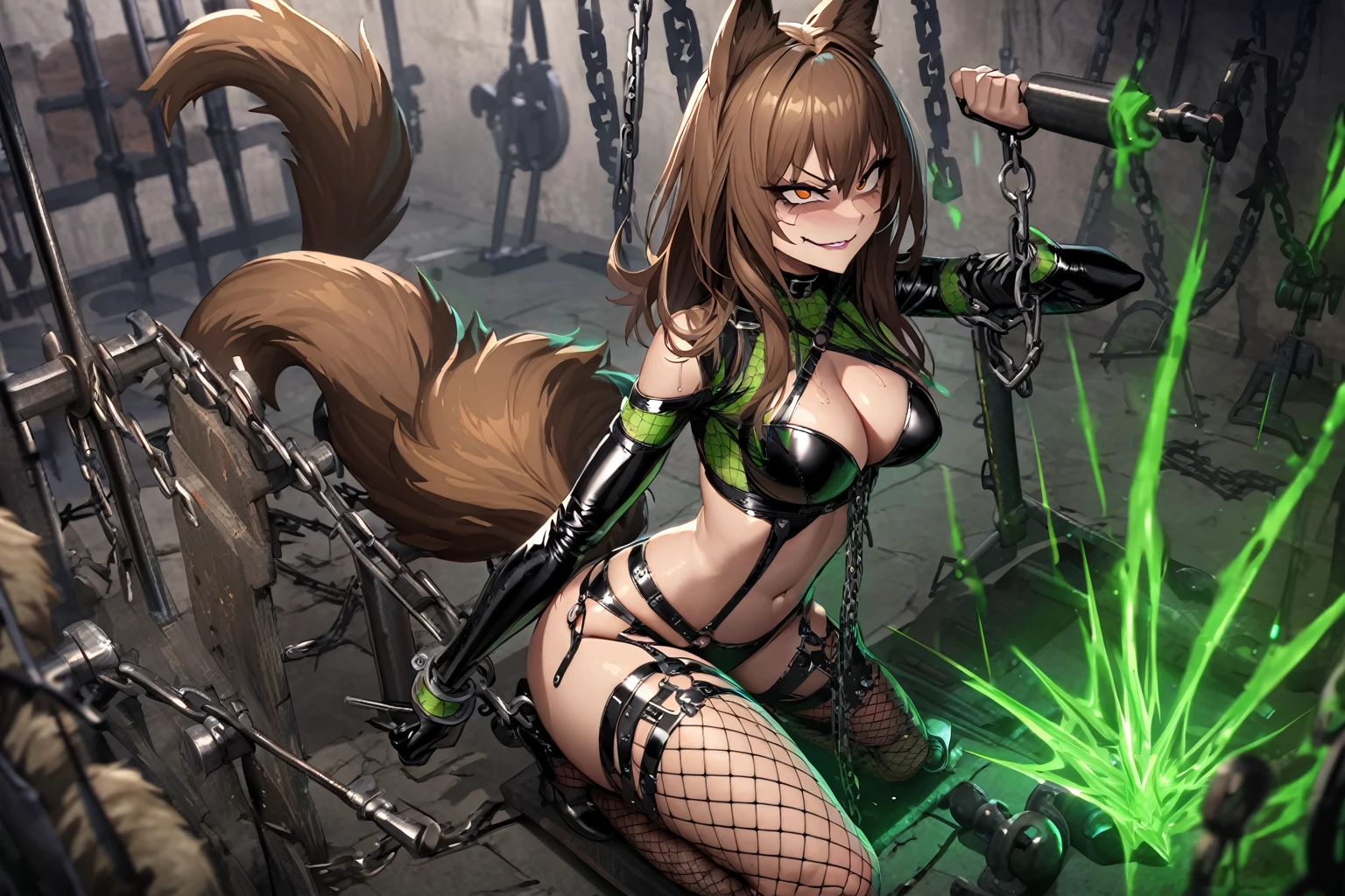 hand drawing, high detail, evil smirk, evil eyes, evil kitsune with tail, seductress in a sex dungeon, ((brown tail)), torture devices, whips, chains, rack, iron maiden, black leather bodysuit, panties, fishnet stockings, garters, brown hair, brown eyes, green torture magic