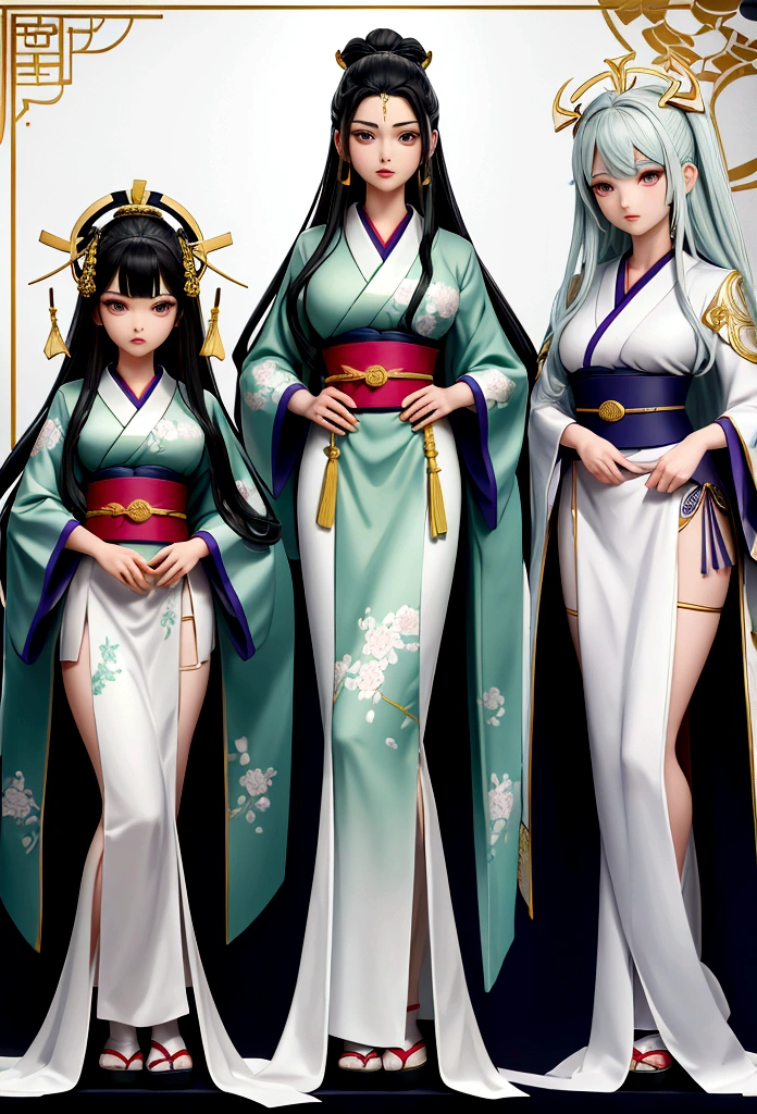 Create an outfit for priests in a society inspired by ancient Japan with Greek clothing influences. The attire should be ceremonial and reflective of their spiritual status, using shades of green and incorporating triangular motifs in the embroidery and patterns. Blend elements of Greek robes with Japanese religious garments, featuring flowing fabrics and intricate details. Accessories should include prayer beads, sashes, and symbolic jewelry. The design should convey a sense of reverence, honor, and spiritual authority, suitable for their role in the society. reference sheet, character chart, three sided view, high details, high quality, highres, anatomically correct