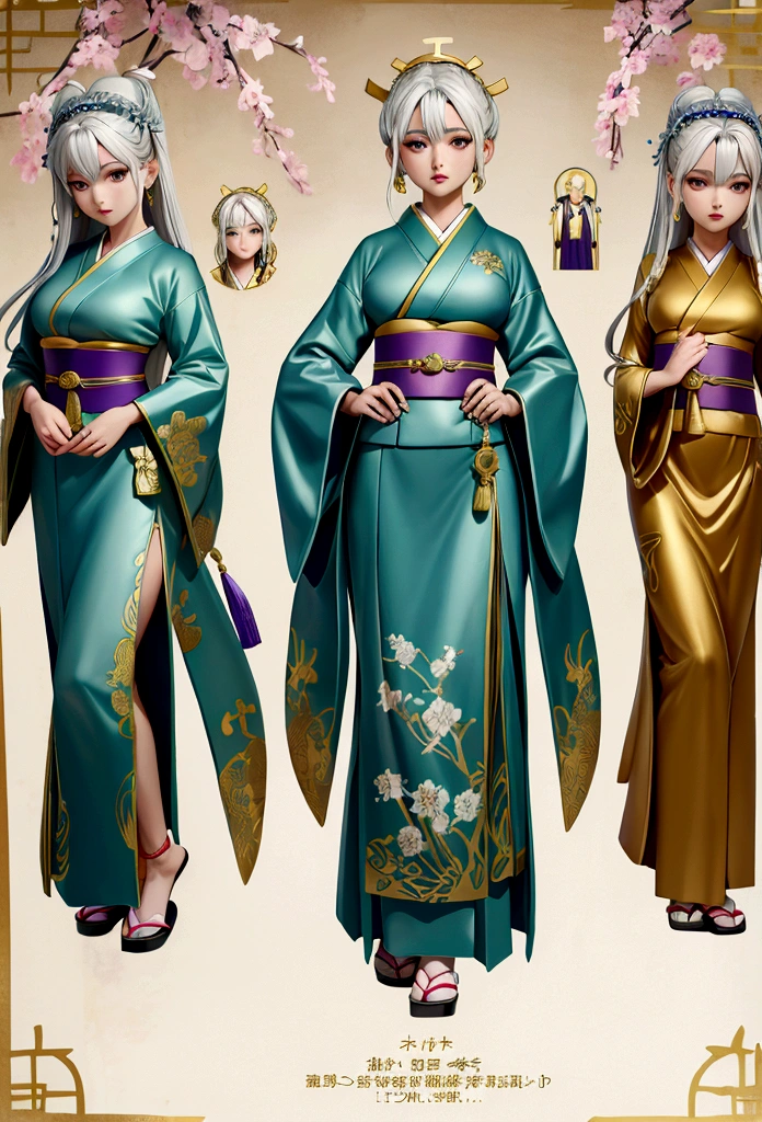 Create an outfit for priests in a society inspired by ancient Japan with Greek clothing influences. The attire should be ceremonial and reflective of their spiritual status, using shades of green and incorporating triangular motifs in the embroidery and patterns. Blend elements of Greek robes with Japanese religious garments, featuring flowing fabrics and intricate details. Accessories should include prayer beads, sashes, and symbolic jewelry. The design should convey a sense of reverence, honor, and spiritual authority, suitable for their role in the society. reference sheet, character chart, three sided view, high details, high quality, highres, anatomically correct
