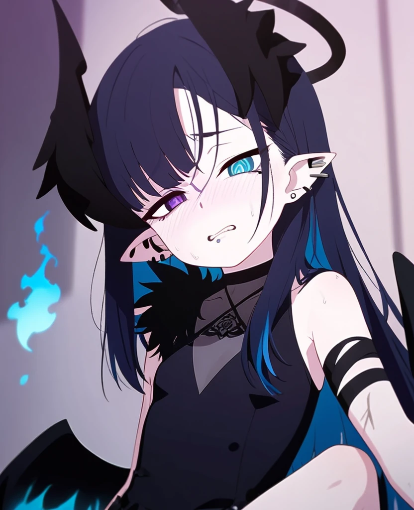 Make me a fallen angel girl. Big black angel wings and black halo. Left eye is purple with slit pupil, and right eye is yellow with a cross pupil. She doesn't have her left arm, which is wrapped in a bandage. Short, spiky dark blue hair that is teal underneath, the left side being longer and draping over her shoulder. Bridge nose piercing, a lip piercing under her bottom lip, on the left. A scar on her right cheek and many ear piercings, including helix. She wears a dark, gothic outfit. Dull and blank expression, surronded by blue flames. NSFW, sex