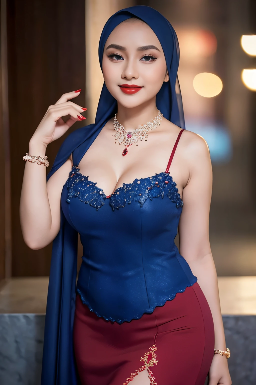 Beautiful, cute baby Face, ************ russian ****ta Girl, red lipstick, sensual Lipstick, dark red lipstick,blue eyes, (wearing hijab) and sexy kebaya dress, Rounded small Breast, cleavage cutout, slightly Chubby , luxury necklace, White Skin, Smiling, Dark City Background, mid shot, upper body, Perfect Potrait, Bokeh Effect, Look at Viewer, Armpit, Perfect Eye, Perfect Hand, Perfect Finger, Bracelet, Ring, small breast, ((adorable:1.2)), ((masterpiece:1.1)), ((bokeh:1.2)),