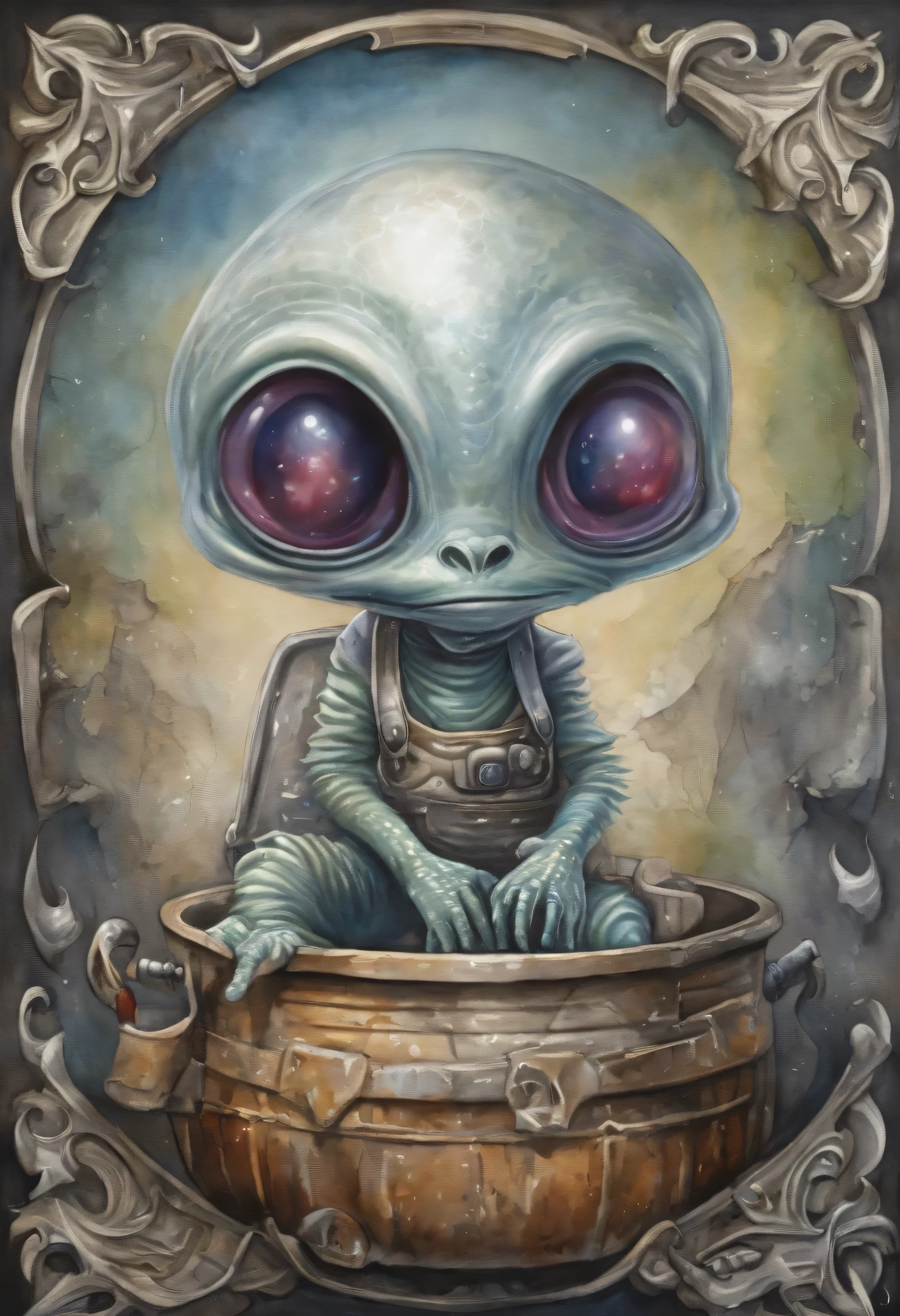 ((silver 1940s alien disc in garbage pail kid style, galxy in the background)), , 3d cartoon, high quality, detailed,