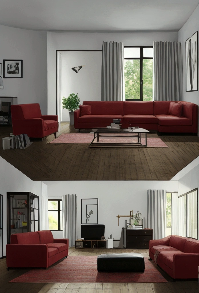 a photo of a modern black leather couch with brown and beige pillows in the corner of an empty living room, grey wooden floors, large red, black, and white abstract art on the wall above the sofa, a large dark rug with tan and dark brown swirls under the couch, door to the right side, no windows, taken from eye level, no perspective, 8k, super detail, best quality
