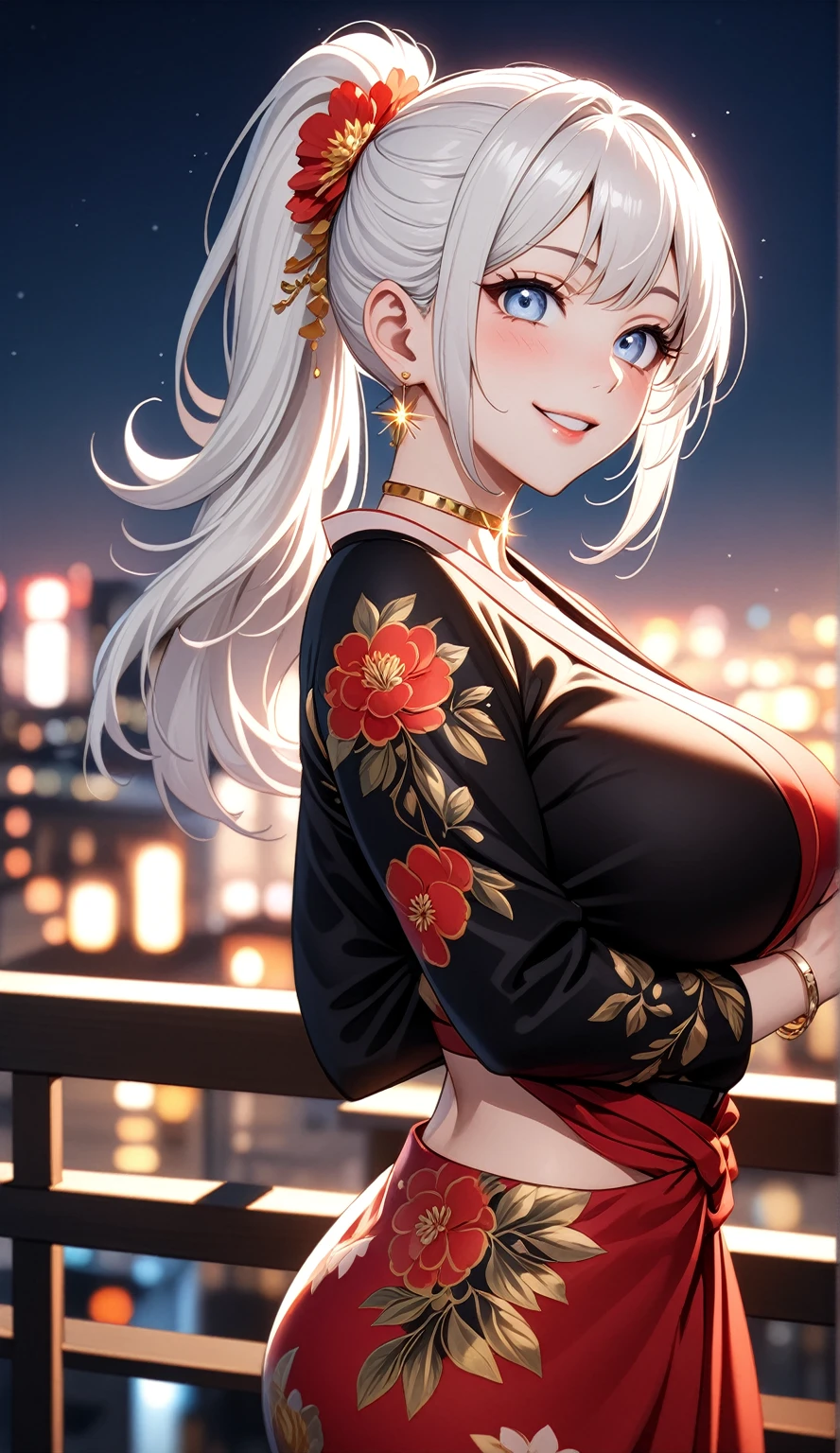((One personの女性)), Beautiful Face, (Laughing embarrassedly), (seductive smile:1.4), ((Wink:1.9)), (head tilt:1.3), Laugh with your mouth wide open, upper teeth, looking down at viewer, ((Bright red cheeks:1.4)),Glossy Red Lips,rooftop, firework, Glossy red lips, Shining Face, ((Anime style background)),masterpiece, Highest quality, so beautiful,up to date, Complex details, (Pink long nails),(ring),(bracelet),(Floral choker),AI-generated, Complex,High resolution, Highest quality, super high quality,3D Images、3D Images,One person,Long white hair,High Ponytail, Anime woman posing for a photo,(blue eyes), ((Fine grain、Silvery white, lightly pigmented eyes、Shining Eyes:1.3)), (Squint your eyes:1.1),a hyperRealistic , hyperRealistic , Realistic,Anime woman with long white hair, Smooth anime CG art, A woman in a colorful kimono with gold embroidery, (Black long sleeve kimono),Red floral pattern,Long flower hair ornament,Earrings,Mature Body,(Big Breasts:1.1),Tall,Abdominal muscles,Tight waist, ((from behind:1.2)),