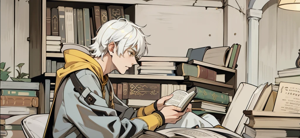 19-year-old man with white hair and yellow eyes, he has a black and yellow tunic, he is reading an old book, behind him you can see an old library.
