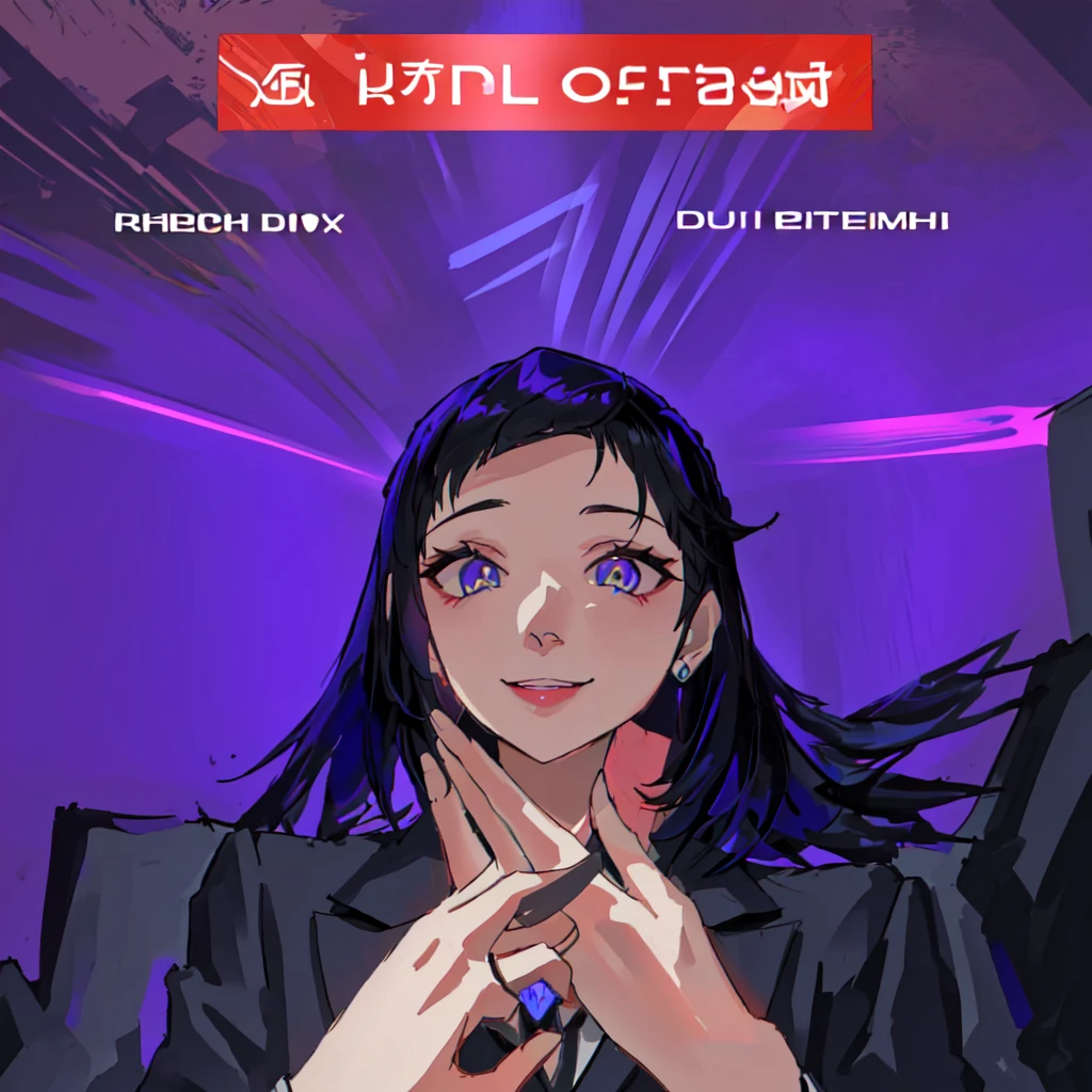 there is a woman in a suit and tie making a face, blacklight reacting, twitch streamer, very very low quality picture, his palms are sweaty, looking into camera, plump lips, fix hands, fix fingers, pretty face, pretty woman (25 yo), meaning smile, yelan, genshin impact, casual outfit, comfy outfit