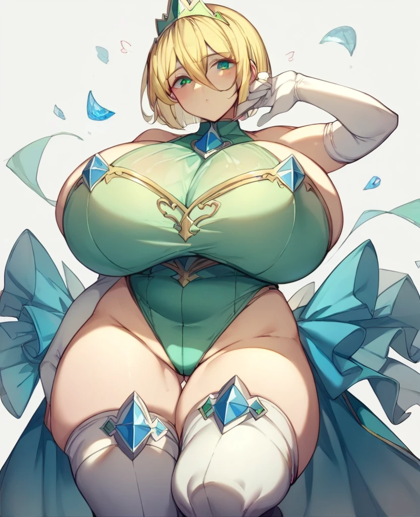 （One girl）、(bob cut)、((Blonde))、（Sato Air）、(beautiful girl)、[gigantic breasts]、(plump)、[Big thighs]、green eyes、Sapphire Blue Leotard、(Princess Knight)、((hairs between eyes))、((thigh-high socks thighhighs))、(long gloves)、say、((see-through))、(Erotic squatting)、(small futanari)