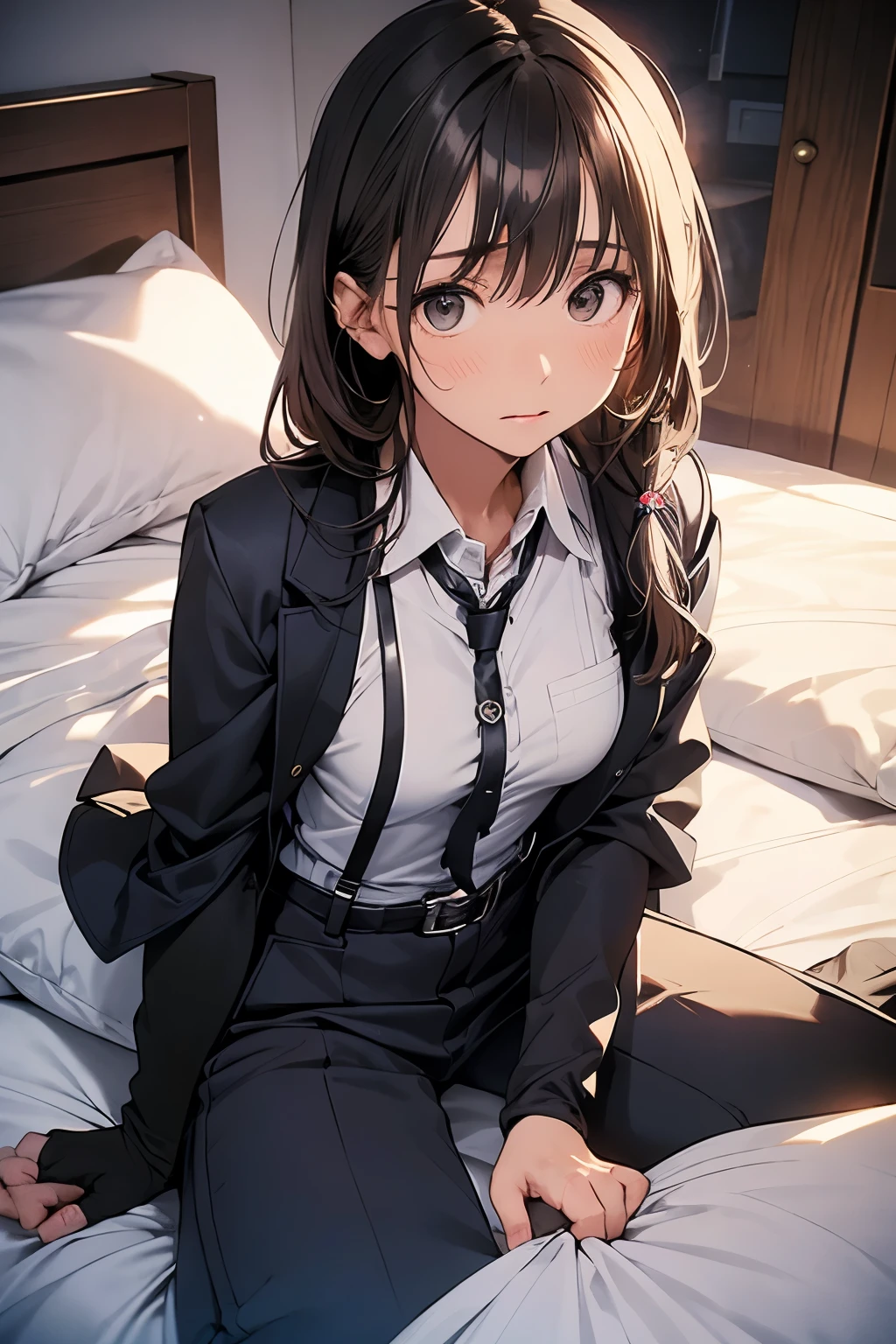 suspenders　　　Moderate breasts　 　 　　　　Small face　 　　　holster　　　Beautiful woman　　　　 Lying in bed　Looking up　　　　Sweat 　　　belt　summer　脇Sweat 　Black Hole Gloves　suit　shirt　　Black jacket　 Black trousers　Leg Links　ズボンにbelt