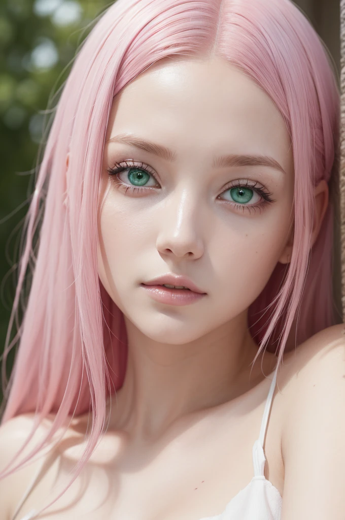 young woman, long pink hair, wide forehead, porcelain skin, pink eyebrows, big emerald green eyes, buttoned nose, thick lips, heart-shaped face, slender body, small breasts, pink leather dress, Sakura Haruno, realistic, realism black details 3d